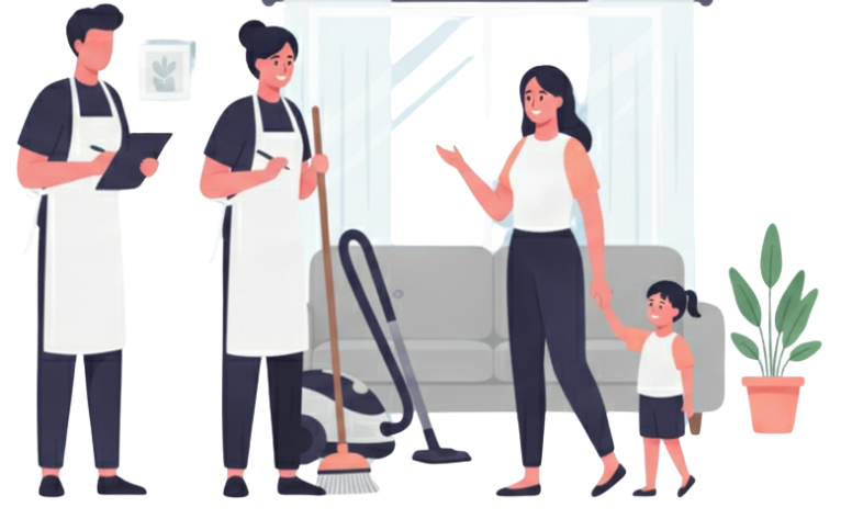Testimonials illustration showing customers and professional cleaners with positive feedback